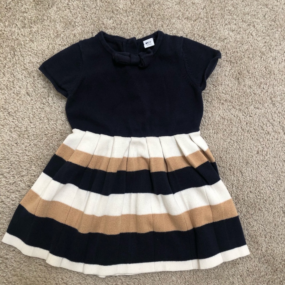 Used Janie and Jack sweater fall dress. Navy blue beige and white striped.